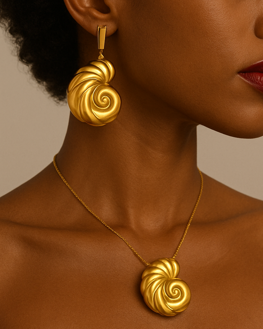 Sea Shell Croissant Shaped Gold Earring with matching pendant Duby Allure